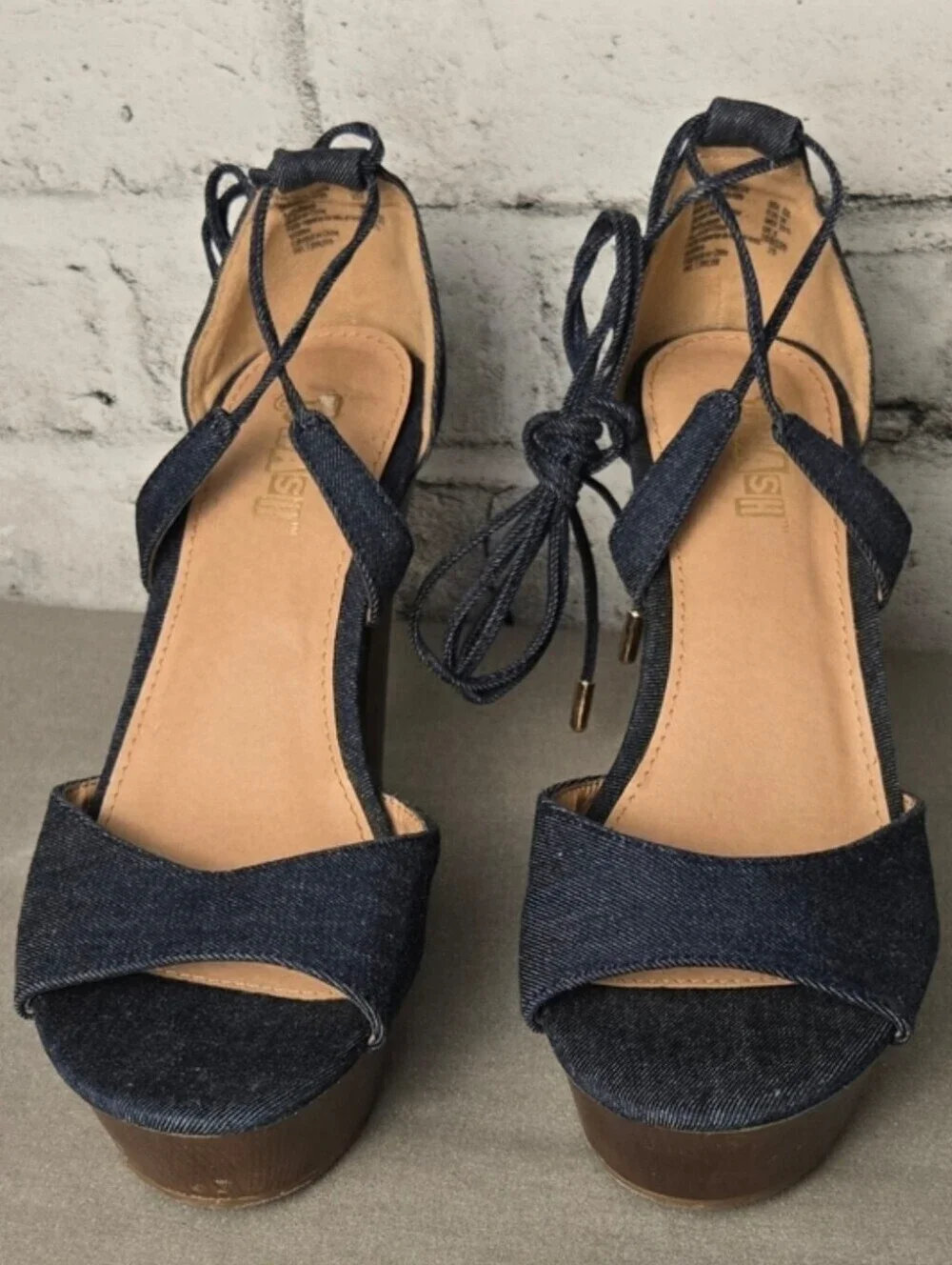 Brash Denim Lace Up Platform Heels Chunky Wooden Sandals Size 8.5